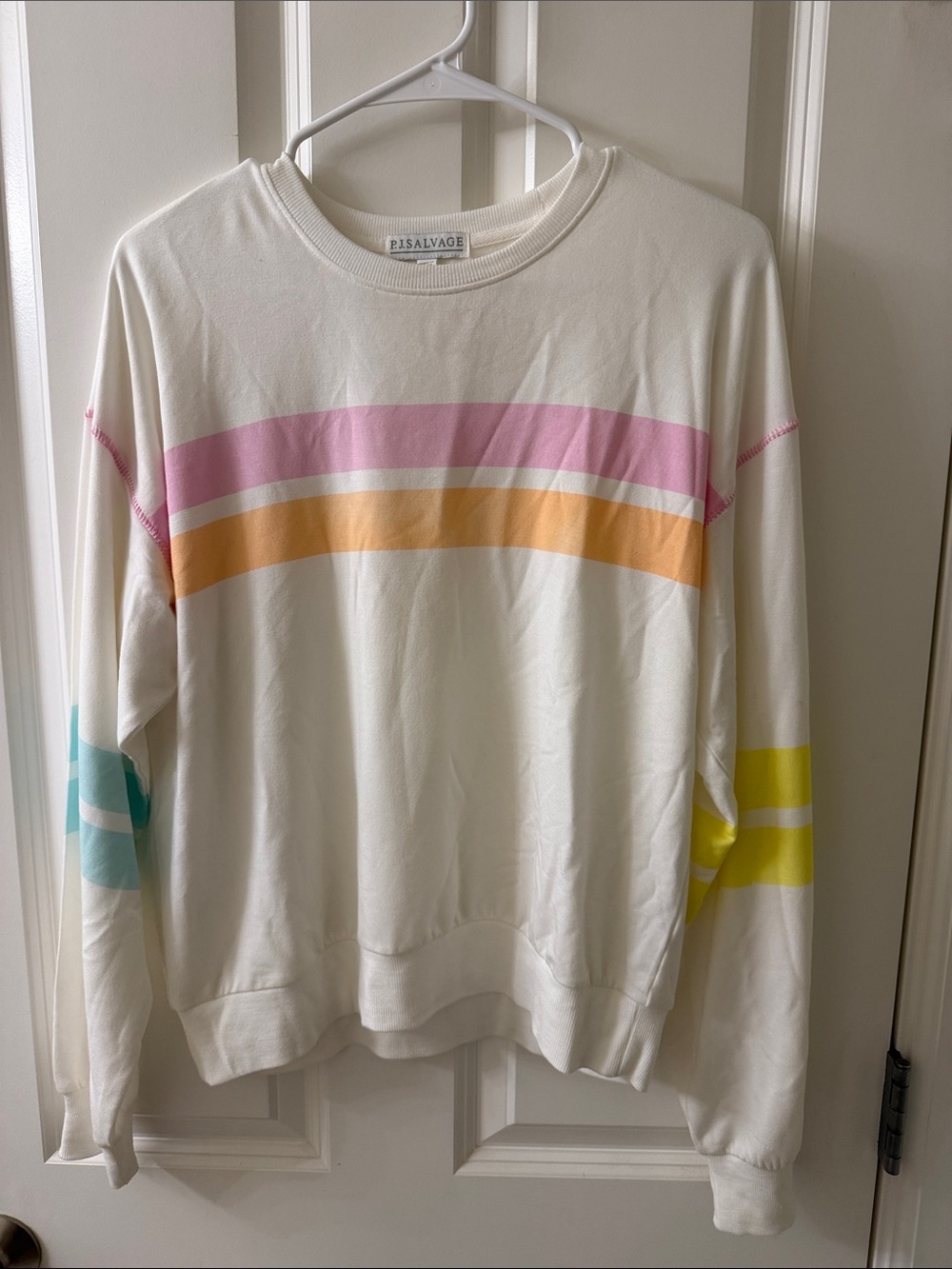 PJ Salvage Cream Crewneck with Pink, Orange, Aqua & Yellow Stripes